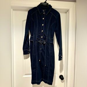 WHITE HOUSE BLACK MARKET Long Sleeve Midi Denim Dress w/Lace Up Belt, Size 8